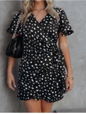 Vici light gold & White Polka Dot Wrap Mini Dress